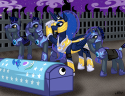 Size: 937x720 | Tagged: safe, artist:texasuberalles, princess luna, alicorn, bat pony, bat pony unicorn, earth pony, hybrid, pony, unicorn, wingless bat pony, g4, armor, coffin, curved horn, female, flag, flag of equestria, funeral, graveyard, horn, male, mare, night guard, salute, stallion, wingless