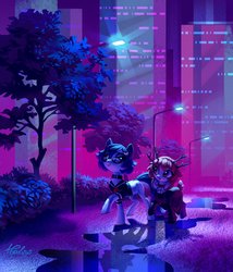 Size: 2480x2894 | Tagged: safe, artist:holivi, oc, oc only, pony, city, clothes, commission, female, high res, lamppost, mare, night, smiling, tree, walking