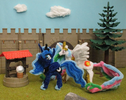 Size: 3900x3120 | Tagged: safe, artist:malte279, princess celestia, princess luna, g4, castle walls, chenille, chenille stems, chenille wire, craft, high res, mare in the moon, moon, pipe cleaner sculpture, pipe cleaners, playmobil, well