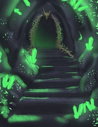 Size: 697x907 | Tagged: safe, artist:askbubblelee, cavern, changeling hive, crystal, entrance, gem, no pony, skull, stairs, thorn