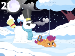 Size: 1024x768 | Tagged: safe, artist:bronybyexception, scootaloo, pegasus, pony, g4, advent calendar, broom, can, christmas, clothes, full moon, hat, holiday, irn-bru, moon, sad, scarf, scootaloo can't fly, scootasad, show accurate, snow, snowpony, the snowman, top hat, tree