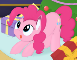 Size: 4250x3300 | Tagged: safe, artist:arcane-thunder, pinkie pie, earth pony, pony, g4, the great escape room, behaving like a cat, christmas, crouching, cute, diapinkes, ear fluff, female, hearth's warming, holiday, mare, present, scene interpretation, solo, tongue out