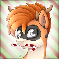 Size: 1500x1500 | Tagged: safe, artist:puggie, oc, oc only, oc:kiva, pony, robot, robot pony, antlers, avatar, candy, candy cane, christmas, festive, food, holiday, reindeer antlers, solo