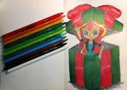 Size: 1575x1120 | Tagged: safe, artist:alienpauline483, sunset shimmer, equestria girls, g4, christmas, holiday, merry christmas, pencil, present, traditional art