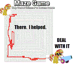 Size: 707x628 | Tagged: safe, artist:easysnuggler, sunset shimmer, g4, arrow, cannon, canon, deal with it, game, gif, help, like a boss, maze, maze game, meme, modified, non-animated gif, party cannon, pun, simple background, sunglasses, text, the hard way, white background