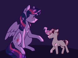Size: 1600x1200 | Tagged: safe, artist:cerealinthemilkyway, twilight sparkle, oc, oc:pendragon, alicorn, pony, g4, crying, female, magic, magical lesbian spawn, male, mother and son, offspring, parent:sunset shimmer, parent:twilight sparkle, parents:sunsetsparkle, twilight sparkle (alicorn)