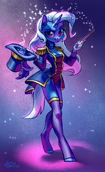 Size: 1780x2894 | Tagged: safe, artist:holivi, trixie, unicorn, anthro, unguligrade anthro, equestria girls series, g4, street magic with trixie, spoiler:eqg series (season 2), beautiful, breasts, busty trixie, cleavage, clothes, cute, diatrixes, epaulettes, equestria girls outfit, female, hat, leotard, magician outfit, mare, reasonably sized breasts, sexy, smiling, socks, solo, stupid sexy trixie, thigh highs, thin, top hat, wand, zettai ryouiki