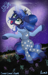 Size: 2250x3500 | Tagged: safe, artist:darkest-lunar-flower, princess luna, alicorn, pony, g4, city, crying, cute, cute little fangs, fangs, floating, high res, mountain, overalls, tears of joy
