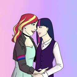Size: 1075x1075 | Tagged: safe, artist:the_art_of_jane, sunset shimmer, twilight sparkle, human, equestria girls, g4, alternate clothes, alternate hairstyle, female, human coloration, instagram, lesbian, one eye closed, ship:sunsetsparkle, shipping, wink
