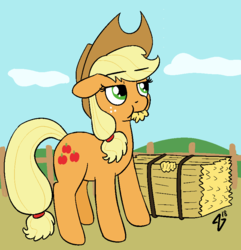 Size: 815x845 | Tagged: safe, artist:heretichesh, applejack, earth pony, pony, g4, applejack's hat, cowboy hat, eating, eating hay, female, fence, hat, hay, hay bale, herbivore, horses doing horse things, mare, solo