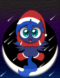 Size: 1500x1941 | Tagged: safe, artist:spellboundcanvas, princess luna, alicorn, pony, g4, christmas, clothes, costume, crescent moon, cute, ethereal mane, female, filly, hat, holiday, lunabetes, meteor shower, moon, santa costume, santa hat, santa woona, starry mane, woona, younger