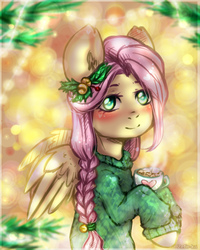 Size: 2000x2500 | Tagged: safe, artist:zefirka, fluttershy, pegasus, pony, alternate hairstyle, blushing, braid, chocolate, clothes, cup, cute, female, food, hair ornament, hoof hold, hot chocolate, looking at you, mare, shyabetes, solo, spread wings, sweater, sweatershy, three quarter view, wings