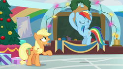 Size: 1280x720 | Tagged: safe, screencap, applejack, rainbow dash, earth pony, pegasus, pony, g4, hearth's warming shorts, my little pony best gift ever, triple pony dare ya, accessory theft, applejack's hat, cowboy hat, duo, duo female, eyes closed, female, flying, forthright filly, hat, hatless, hooves on hips, mare, missing accessory, open mouth