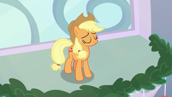Size: 1280x720 | Tagged: safe, screencap, applejack, earth pony, pony, g4, my little pony best gift ever, triple pony dare ya, eyes closed, female, freckles, mare, smiling, solo