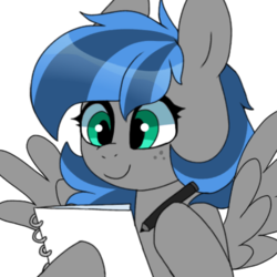 Size: 768x768 | Tagged: safe, artist:littlebibbo, derpibooru exclusive, oc, oc only, oc:bibbo, pegasus, pony, cute, female, freckles, notebook, paper, pencil, simple background, smiling, solo, spread wings, white background