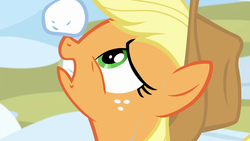 Size: 1280x720 | Tagged: safe, screencap, applejack, earth pony, pony, g4, triple pony dare ya, close-up, female, freckles, mare, solo