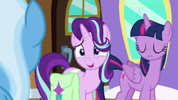 Size: 1280x720 | Tagged: safe, screencap, spike, starlight glimmer, trixie, twilight sparkle, alicorn, pony, all bottled up, g4, animated, female, laughing, nervous, nervous laugh, sound, twilight sparkle (alicorn), webm