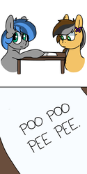 Size: 768x1540 | Tagged: safe, artist:littlebibbo, derpibooru exclusive, oc, oc only, oc:bibbo, oc:steaming stove, earth pony, pegasus, pony, :i, comic, confused, cute, duo, duo female, female, freckles, looking away, paper, table, text, toilet humor