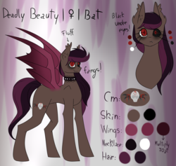 Size: 3297x3120 | Tagged: safe, artist:space--paws0w0, oc, oc only, oc:deadly beauty, bat pony, pony, bat pony oc, choker, colored sclera, ear fluff, fangs, female, glass eye, high res, mare, multicolored hair, reference sheet, solo