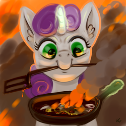 Size: 1000x1000 | Tagged: safe, artist:kovoranu, sweetie belle, pony, unicorn, g4, cooking, female, filly, fire, food, frying pan, mouth hold, smiling, smoke, solo, spatula, sweetie belle can't cook, sweetie fail
