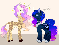 Size: 2300x1786 | Tagged: safe, artist:magnaluna, princess celestia, princess luna, alicorn, giraffe, pony, g4, collar, colored wings, colored wingtips, curved horn, dialogue, duo, duo female, ear fluff, ethereal mane, female, galaxy mane, giraffelestia, giraffied, grin, horn, long neck, mare, multiple wings, open mouth, pink-mane celestia, princess necklestia, question mark, royal sisters, siblings, simple background, sisters, smiling, species swap, white background