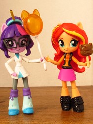 Size: 1350x1800 | Tagged: safe, artist:whatthehell!?, sci-twi, sunset shimmer, twilight sparkle, equestria girls, g4, balloon, candy, clothes, cute, doll, equestria girls minis, food, glasses, irl, lollipop, pencil, photo, toy