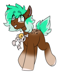Size: 1623x1897 | Tagged: safe, artist:spoopygander, oc, oc only, deer, deer pony, original species, pony, bell, colt, commission, cute, ear fluff, happy, looking up, male, markings, multicolored hair, outline, smiling, solo