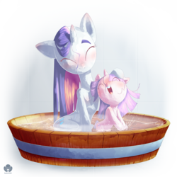 Size: 1920x1920 | Tagged: safe, artist:halem1991, rarity, sweetie belle, pony, unicorn, g4, bathing, bathing together, bonding, bushy brows, cute, eyes closed, female, filly, hot water, innocence, innocent, mare, sibling love, sisterly love, sisters, smiling, splash, steam, thick eyebrows, water, wet, wet mane, wet mane rarity