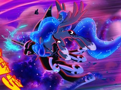 Size: 1896x1407 | Tagged: safe, artist:light262, nightmare moon, princess luna, alicorn, pony, comic:timey wimey, g4, comic, cropped, ethereal mane, eyes closed, female, flying, glowing horn, horn, self ponidox, tackle, wings