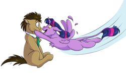 Size: 2500x1500 | Tagged: safe, artist:shimazun, doctor whooves, time turner, twilight sparkle, alicorn, earth pony, pony, g4, excited, female, flying, mare, missing cutie mark, necktie, simple background, smiling, starry eyes, transparent background, twilight sparkle (alicorn), wingding eyes