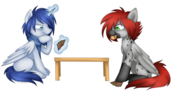 Size: 1024x543 | Tagged: safe, artist:scarlet-spectrum, oc, oc only, oc:prince nova, oc:tricky spirit, alicorn, pegasus, pony, :p, alicorn oc, cookie, ear piercing, earring, food, jewelry, magic the gathering, piercing, silly, simple background, table, tongue out, transparent background