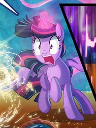 Size: 774x1024 | Tagged: safe, artist:light262, twilight sparkle, alicorn, pony, comic:timey wimey, g4, comic, cropped, female, glowing horn, horn, horrified, shocked, spread wings, twilight sparkle (alicorn), wide eyes, wings