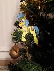 Size: 864x1152 | Tagged: safe, artist:rapidsnap, oc, oc:rapidsnap, pegasus, pony, christmas, christmas tree, craft, food, holiday, licking, licking lips, papercraft, pear, perching, puppet, tongue out, traditional art, tree, tree branch