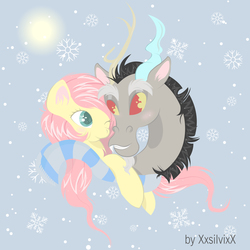 Size: 2479x2479 | Tagged: safe, artist:xxsilvixx, discord, fluttershy, draconequus, pegasus, pony, g4, blushing, bust, clothes, cute, discute, ear fluff, female, heart eyes, high res, looking at each other, male, one eye closed, portrait, scarf, shared clothing, shared scarf, ship:discoshy, shipping, shyabetes, signature, snow, snowflake, straight, wingding eyes, winter