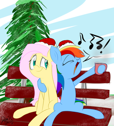 Size: 2000x2200 | Tagged: safe, artist:thedoctordisco, fluttershy, rainbow dash, pony, g4, bench, chocolate, christmas, female, food, hat, hearth's warming, hearth's warming eve, high res, holiday, hot chocolate, lesbian, santa hat, ship:flutterdash, shipping, side hug, singing, snow, wingless