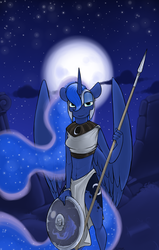 Size: 1050x1650 | Tagged: safe, artist:sinrar, princess luna, anthro, g4, belly button, clothes, fantasy class, female, folded wings, loincloth, midriff, moon, night, shield, solo, spear, stars, warrior, warrior luna, weapon, wings