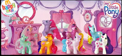 Size: 600x279 | Tagged: safe, cheerilee (g3), minty, pinkie pie (g3), rainbow dash (g3), scootaloo (g3), starsong, sweetie belle (g3), toola-roola, g3, female, irl, mcdonald's, mcdonald's happy meal toys, photo, toy