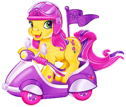 Size: 300x254 | Tagged: safe, mayor flitter flutter, earth pony, pony, g3, female, flag, helmet, mare, scooter, simple background, solo, white background