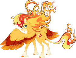 Size: 2789x2150 | Tagged: safe, artist:lisianthus, sunset shimmer, alicorn, classical unicorn, pony, equestria girls, g4, :3, alicornified, blaze (coat marking), coat markings, colored hooves, colored horn, colored wings, colored wingtips, curved horn, ear fluff, facial markings, female, fiery shimmer, fire, frown, glare, high res, horn, leonine tail, looking at you, looking back, mane of fire, mare, multicolored wings, pale belly, race swap, shimmercorn, simple background, solo, spread wings, transparent background, unshorn fetlocks, wing fluff, wings