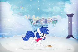 Size: 6045x4073 | Tagged: safe, artist:invisibleink, oc, pegasus, pony, absurd resolution, christmas, christmas decoration, christmas lights, clothes, cloud, cloudsdale, commission, digging, female, filly, holiday, scarf, snow, treasure chest, treasure hunting