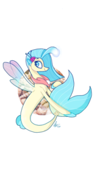 Size: 673x1200 | Tagged: safe, artist:motger-mor, princess skystar, seapony (g4), g4, my little pony: the movie, bioluminescent, blue eyes, blue mane, blue tail, bubble, clothes, cute, dorsal fin, female, fin, fin wings, fins, fish tail, flower, flower in hair, flowing mane, flowing tail, freckles, glowing, jewelry, looking at you, looking back, necklace, ocean, pearl necklace, profile, seashell, see-through, signature, skyabetes, smiling, smiling at you, solo, swimming, tail, underwater, water, wings