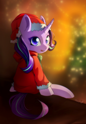 Size: 970x1400 | Tagged: safe, artist:skyeypony, starlight glimmer, pony, unicorn, g4, christmas, christmas tree, clothes, costume, cute, female, glimmerbetes, hat, holiday, looking at you, looking back, mare, santa costume, santa hat, sitting, smiling, solo, tree