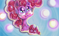 Size: 914x564 | Tagged: safe, artist:ranhkinh, pinkie pie, earth pony, pony, g4, beanbrows, big eyes, chibi, colorful, cute, diapinkes, eyebrows, female, open mouth, sitting, solo, turned head