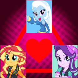 Size: 1500x1500 | Tagged: safe, starlight glimmer, sunset shimmer, trixie, equestria girls, equestria girls specials, g4, my little pony equestria girls: better together, my little pony equestria girls: mirror magic, female, geode of empathy, lesbian, love triangle, magical geodes, ship:shimmerglimmer, ship:startrix, ship:suntrix, shipping