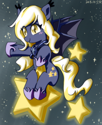 Size: 900x1100 | Tagged: safe, artist:tastyrainbow, oc, oc only, bat pony, pony, bat pony oc, blushing, cute, flying, happy, hoof shoes, solo, stars, yellow eyes