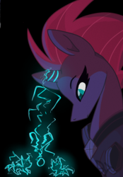 Size: 836x1200 | Tagged: safe, artist:motger-mor, tempest shadow, pony, unicorn, g4, my little pony: the movie, black background, broken horn, female, horn, lightly watermarked, profile, signature, simple background, solo, sparking horn, watermark