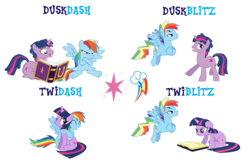 Size: 862x559 | Tagged: safe, artist:kayman13, rainbow dash, twilight sparkle, pegasus, pony, unicorn, g4, book, dusk shine, female, floppy ears, gay, hug, lesbian, male, mare, rainbow blitz, rule 63, ship:twidash, shipping, simple background, sitting, stallion, straight, transparent background, unicorn twilight, vector