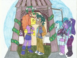 Size: 2242x1682 | Tagged: safe, artist:yogelis, adagio dazzle, aria blaze, sonata dusk, timber spruce, equestria girls, g4, christmas, female, holiday, kissing, male, shipping, straight, the dazzlings, timberdazzle
