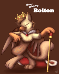 Size: 2048x2560 | Tagged: safe, artist:sugar morning, oc, oc only, oc:bolton, griffon, birthday, clothes, crown, eyes closed, gem, happy birthday, high res, jewelry, king, male, regalia, robe, ruby, scepter, simple background, solo