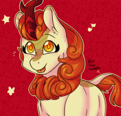 Size: 1280x1234 | Tagged: safe, artist:bluestarbubbles, autumn blaze, kirin, g4, sounds of silence, :p, awwtumn blaze, cute, female, music notes, red background, silly, simple background, solo, stars, tongue out